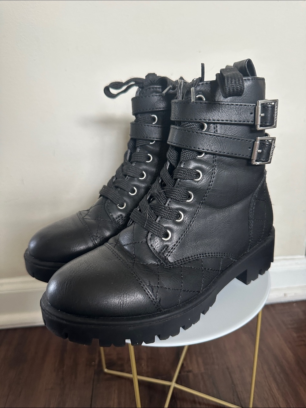 XOXO Black Lace-Up Kids Combat Boots with Buckle Straps